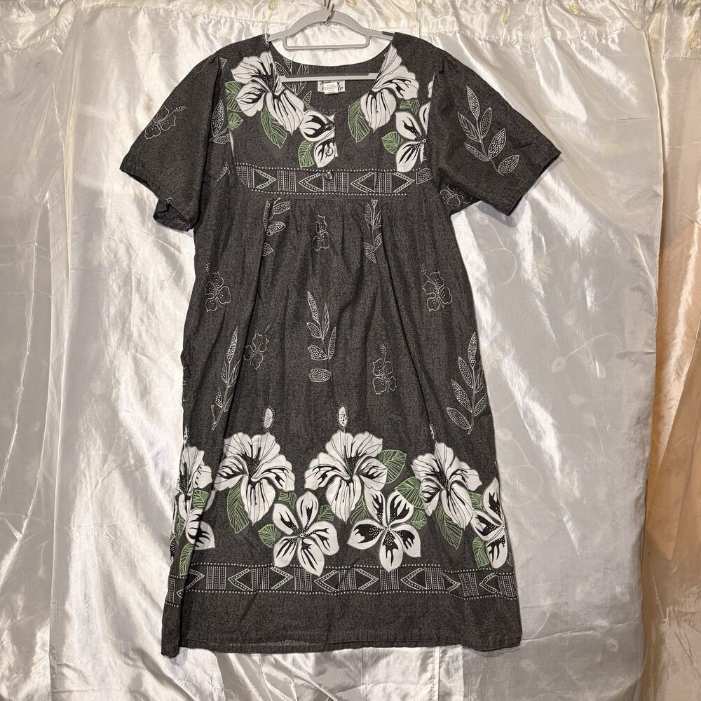 Anthony Richards House Dress Gown Gray White Flowers Size Large W/Pockets